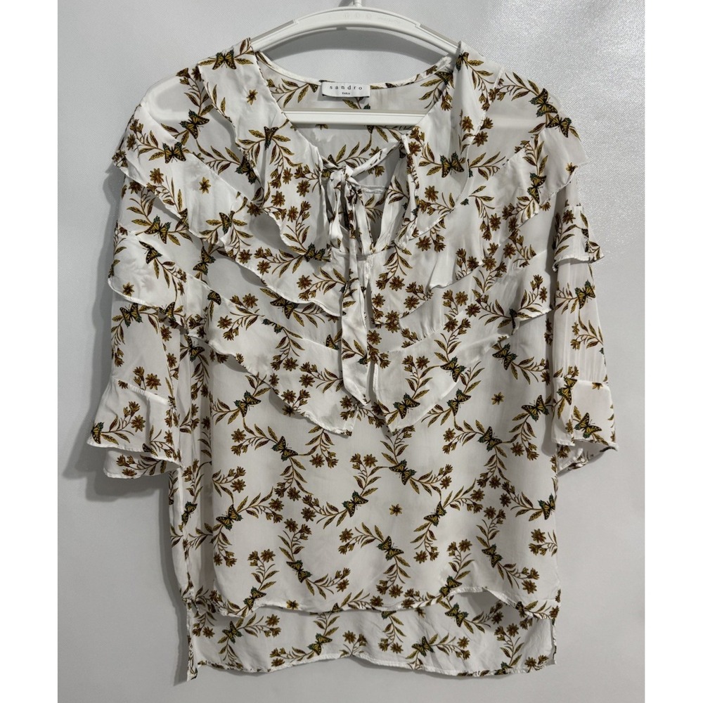 Sandro Medium White Floral Viscose Blouse W/Butterflies Tie Front Tiered